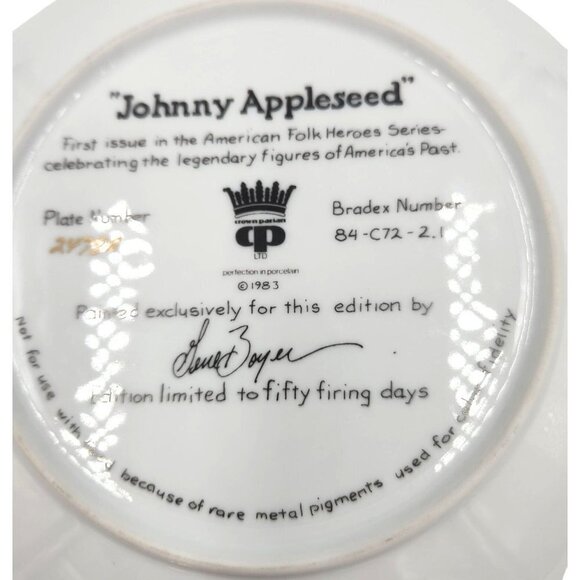Johnny Appleseed American Folk Heroes Series Porcelain Collector's Plate Vintage - Picture 8 of 11